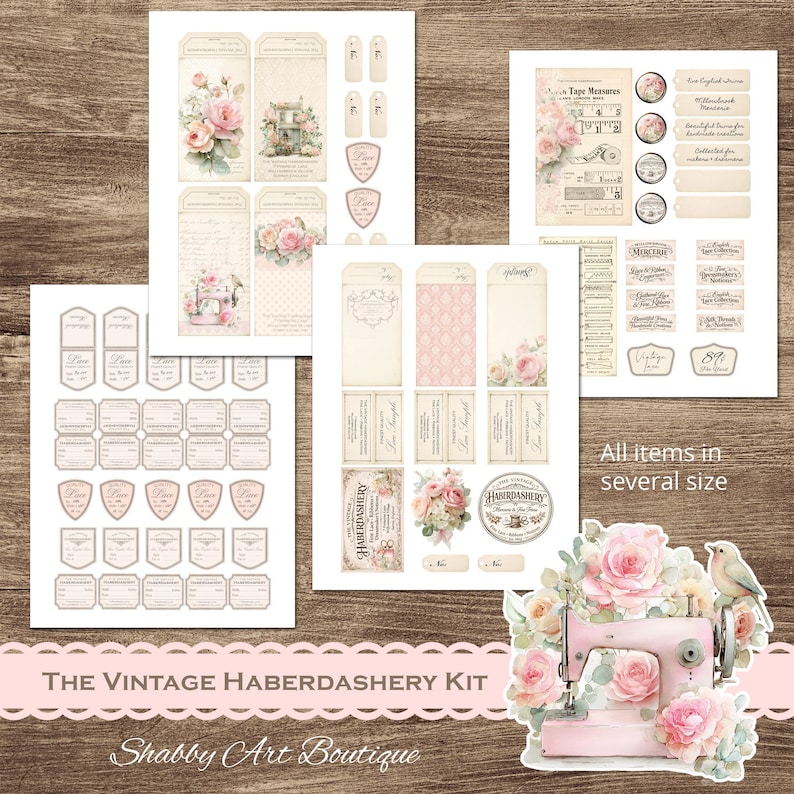 May include: A selection of vintage paper ephemera, such as tags and labels, featuring floral and sewing machine designs. The image includes the text "THE VINTAGE HABERDASHERY KIT" and "Shabby Art Boutique".