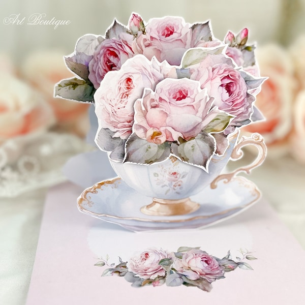 Impression et fabrication : kit de cartes pop-up tasse de thé et roses vintage (formats A4 et lettre)