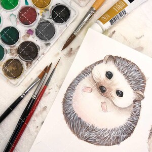May include: Watercolor painting of a brown and white hedgehog curled up with its eyes closed. The painting is on a white background and surrounded by watercolor paints and brushes.