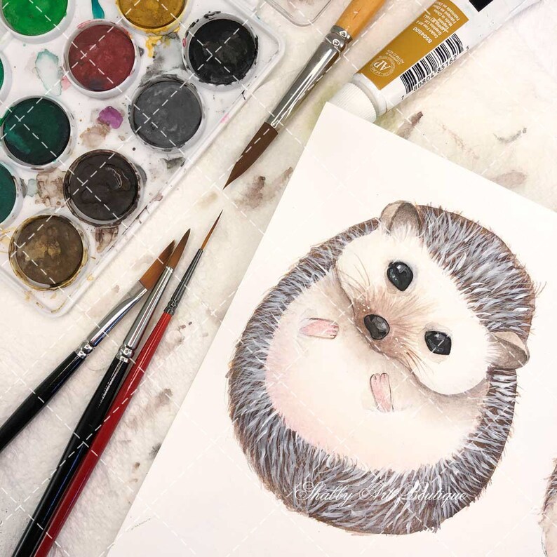 May include: Watercolor painting of a brown and white hedgehog curled up with its eyes closed. The painting is on a white background and surrounded by watercolor paints and brushes.