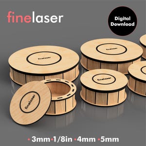 Puede incluir: Cajas redondas de madera cortadas con láser con bordes y tapas negras. Las cajas son de varios tamaños, con el texto "finelaser" en las tapas. La imagen también incluye el texto "Descarga digital" y medidas de 3 mm, 1/8in, 4 mm y 5 mm.