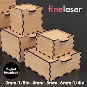 Puede incluir: Varias cajas de madera de diferentes tamaños apiladas, mostrando un diseño cortado con láser. Las cajas tienen un acabado de madera natural con bordes negros. El texto "finelaser" y "Digital Download" están presentes.