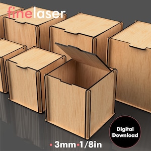 以下が含まれることがあります： 黒い縁と蓋が付いた木製の箱のコレクション。1つは開いており、内部が見えます。箱は明るい色の木材で作られています。「finelaser」の文字が左上にあり、「Digital Download」は黒い円の中にあります。「3mm • 1/8in」の文字が下にあります。