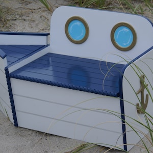 Toy Chest, Wooden Toy Box, Boat shaped wood toy chest, Navy Blue/White kids bench,nautical decor, beach house