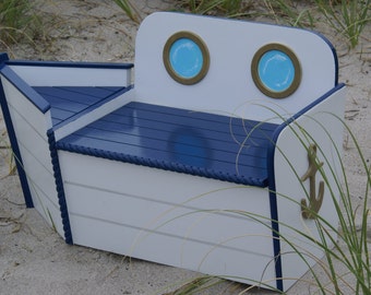 Toy Chest, Wooden Toy Box, Boat shaped wood toy chest, Navy Blue/White kids bench, nautical decor, beach house, bench, kids furniture