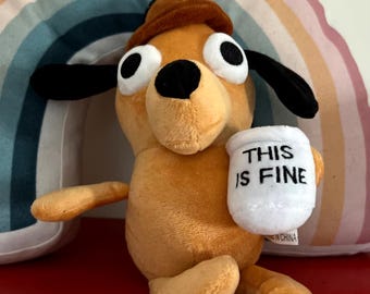 This Is Fine Meme Coffee Dog Plush Toy