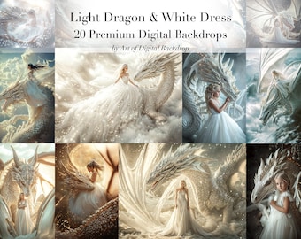 Magical Dragon & Fabrics Digital Backdrops - fantasy photo art children portrait, white beige digital dress