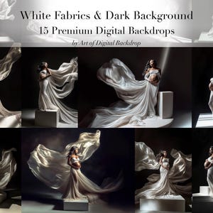 Telones de fondo digitales con telas blancas sobre fondo negro - Arte fotográfico con telas fluidas para retratos de maternidad y vestidos digitales blancos