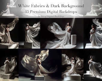 Flying White Fabrics on Black Background Digital Backdrops - Flowing Fabrics Photo Art Maternity Portrait White Digital Dress Backdrops