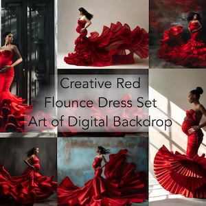 Creative Flounce High Fashion Red Dress Art Digital Backdrops Set - Maternity Portrait Fashion Photo Studio Backdrop Overlays