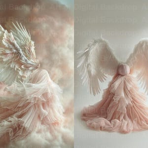 May include: A pink tulle dress with large white feathered wings. The dress is flowing and the wings are spread out. The background is a soft pink and white.