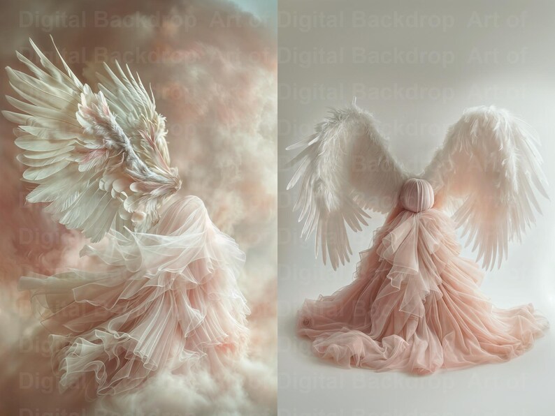 May include: A pink tulle dress with large white feathered wings. The dress is flowing and the wings are spread out. The background is a soft pink and white.