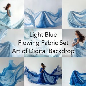Light Blue Flaying Fabrics Digital Backdrops - Art Photo Maternity Portrait Digital Overlays Backdrops Instant Download PNG