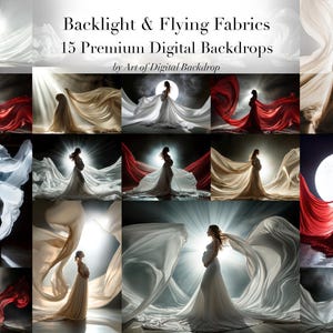 May include: A collage of 15 digital backdrops featuring a pregnant person in a flowing white dress with fabric swirling around them. The backdrops are lit with a soft, warm light and have a dreamy, ethereal feel. Backlight & Flying Fabrics 15 Premium Digital Backdrops by Art of Digital Backdrop.