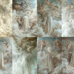 May include: A collage of nine images featuring a white fabric draped over clouds with a background of angels painted on a ceiling. The angels are depicted in various poses and are surrounded by clouds.