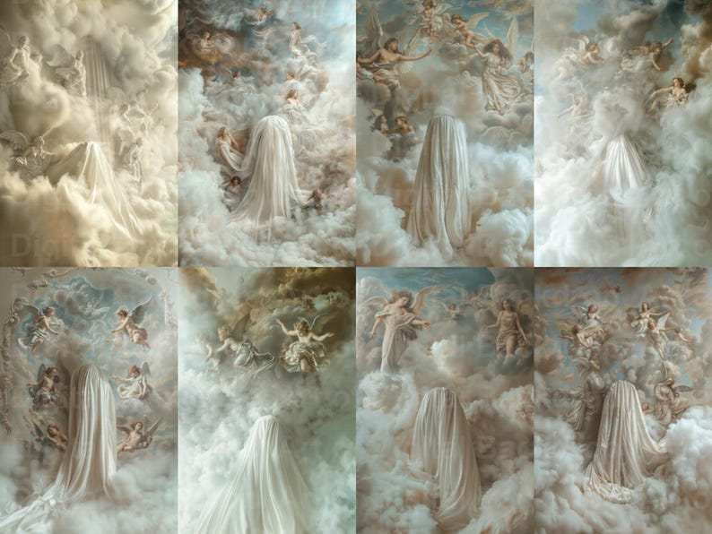May include: A collage of nine images featuring a white fabric draped over clouds with a background of angels painted on a ceiling. The angels are depicted in various poses and are surrounded by clouds.