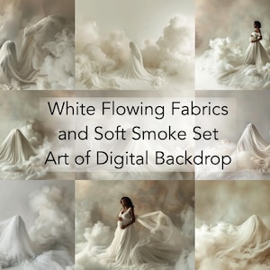 Peut inclure: Une toile de fond numérique avec des tissus blancs flottants et de la fumée douce, créant une ambiance onirique et éthérée. La toile de fond est idéale pour les photographes et les artistes qui souhaitent créer des images uniques et captivantes.
