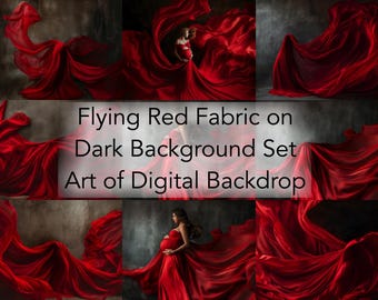 Red Flying Flowing Fabric Dress & Dark Background Digital Backdrops - Maternity Photo Art