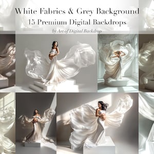 Peut inclure: 15 fonds d'écran numériques mettant en scène un fond en tissu blanc sur fond gris. Les fonds d'écran présentent une personne vêtue d'une robe blanche avec un tissu fluide.