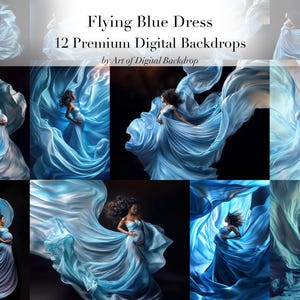 Könnte beinhalten: Eine Sammlung von 12 digitalen Hintergründen mit einer Frau in einem fließenden, hellblauen Kleid. Das Kleid scheint aus einem weichen, luftigen Stoff zu sein, wobei das Haar der Frau fließt. Der Text "Flying Blue Dress" und "by Art of Digital Backdrop" sind sichtbar.
