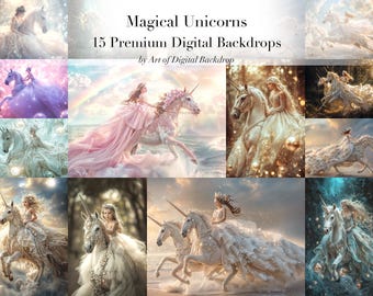 Magical Unicorn & Fabrics Digital Backdrops - fantasy photo art children portrait, white beige digital dress