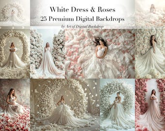 Roses Florals & White Flowing Fabric Dress Digital Backdrops – Maternity Couples Photo Art