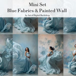 Può includere: Un mini set di fondali in tessuto blu e parete dipinta. L'immagine presenta una donna in un abito blu fluente, con uno sfondo dipinto nei toni del blu, bianco e pesca. Il testo "Mini Set Blue Fabrics & Painted Wall" è in alto.