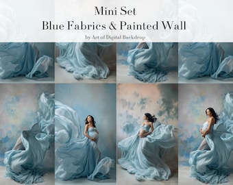 Flowing Flying Blue Fabric Dresses & Painted Wall Digital Backdrops - Maternity Portrait Mini Set