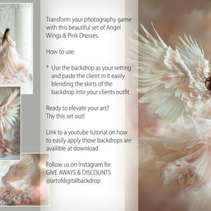 May include: A digital backdrop featuring a woman with angel wings and a pink dress, set against a cloudy sky. The text "Transform your photography game with this beautiful set of Angel Wings & Pink Dresses." is displayed above the image.