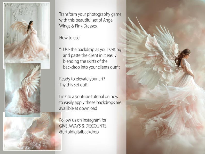 May include: A digital backdrop featuring a woman with angel wings and a pink dress, set against a cloudy sky. The text "Transform your photography game with this beautiful set of Angel Wings & Pink Dresses." is displayed above the image.