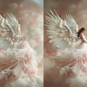 May include: A woman with long brown hair wearing a flowing white dress with large white wings, standing in a pink and white cloudy sky.