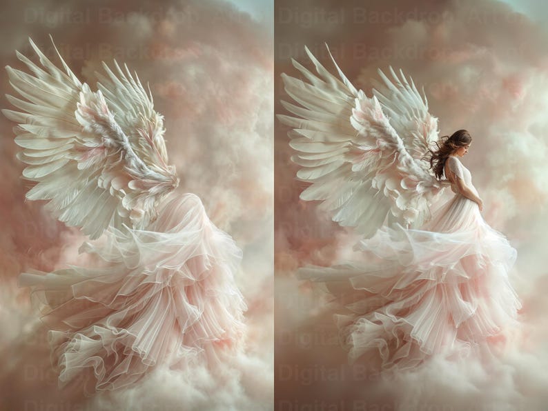 May include: A woman with long brown hair wearing a flowing white dress with large white wings, standing in a pink and white cloudy sky.