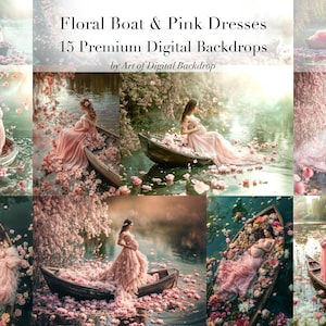 Puede incluir: Un collage de 15 fondos de pantalla digitales con una mujer embarazada con un vestido rosa sentada en un barco floral en un lago. Los fondos de pantalla son perfectos para la fotografía de maternidad.