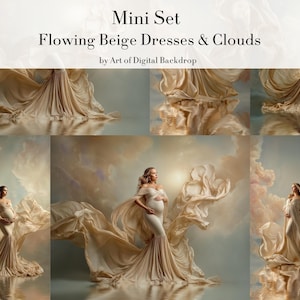 May include: A collection of images featuring flowing beige dresses and cloud backdrops. The text "Mini Set Flowing Beige Dresses & Clouds by Art of Digital Backdrop" is displayed at the top. The images showcase elegant gowns with flowing fabric.
