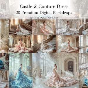 May include: A set of 20 digital backdrops featuring a grand castle interior with a staircase and a model wearing a variety of couture gowns. The backdrops are ideal for photographers and digital artists.