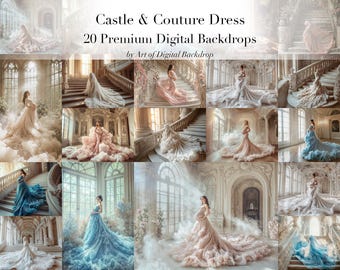 Floral Castle Pearl Dress Digital Backdrops - Castle Window Staircase Room Flowers Photo Art Maternity Portrait Digital Dress Backdrops