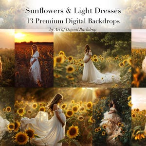 Puede incluir: Trece fondos de pantalla digitales con mujeres embarazadas con vestidos blancos fluidos de pie en un campo de girasoles. El texto "Sunflowers & Light Dresses 13 Premium Digital Backdrops by Art of Digital Backdrop" está en la parte superior de la imagen.