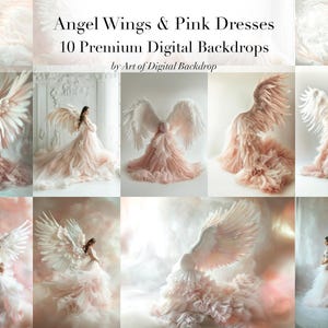 May include: Ten digital backdrops featuring a pink dress with angel wings. The backdrops are set against a variety of backgrounds, including clouds and a white wall.
