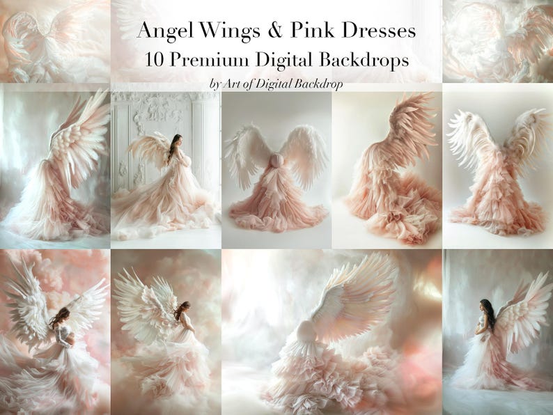 May include: Ten digital backdrops featuring a pink dress with angel wings. The backdrops are set against a variety of backgrounds, including clouds and a white wall.