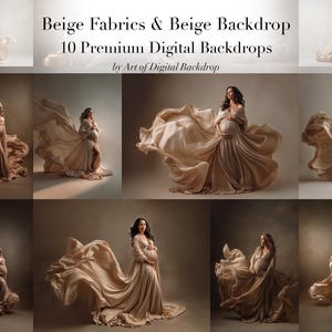 Puede incluir: Una colección de fondos digitales con mujeres embarazadas con telas beige fluidas. Las imágenes muestran a mujeres con elegantes vestidos con tela que parece estar en movimiento. El texto en la parte superior dice "Beige Fabrics & Beige Backdrop" y "10 Premium Digital Backdrops".