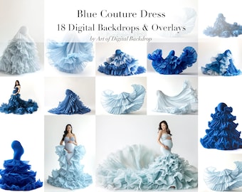 Blue Couture Dress Flowing Fabric Digital Backdrops – Maternity Photography (Transparent PNG Overlays)