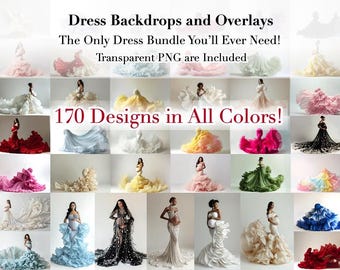 Couture Dress Overlays, All Colors, Digital Backdrops Mega Bundle – Maternity, Wedding (Transparent PNG Overlays)