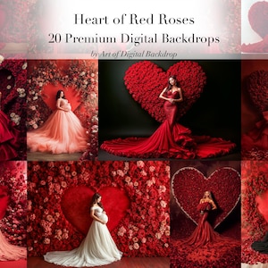 Red Rose Floral Heart & Pink White Flowing Fabric Dress Digital Backdrops – Valentine's Day Maternity