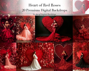 Red Rose Floral Heart & Pink White Flowing Fabric Dress Digital Backdrops – Valentine's Day Maternity