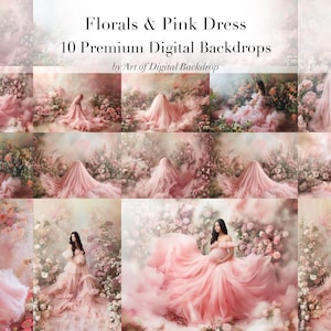 Pink Florals Pink Dress Fabric Maternity Digital Backdrops - Pink Soft Flowers Photo Art Portrait Digital Backdrop, Digital Dress Backdrop