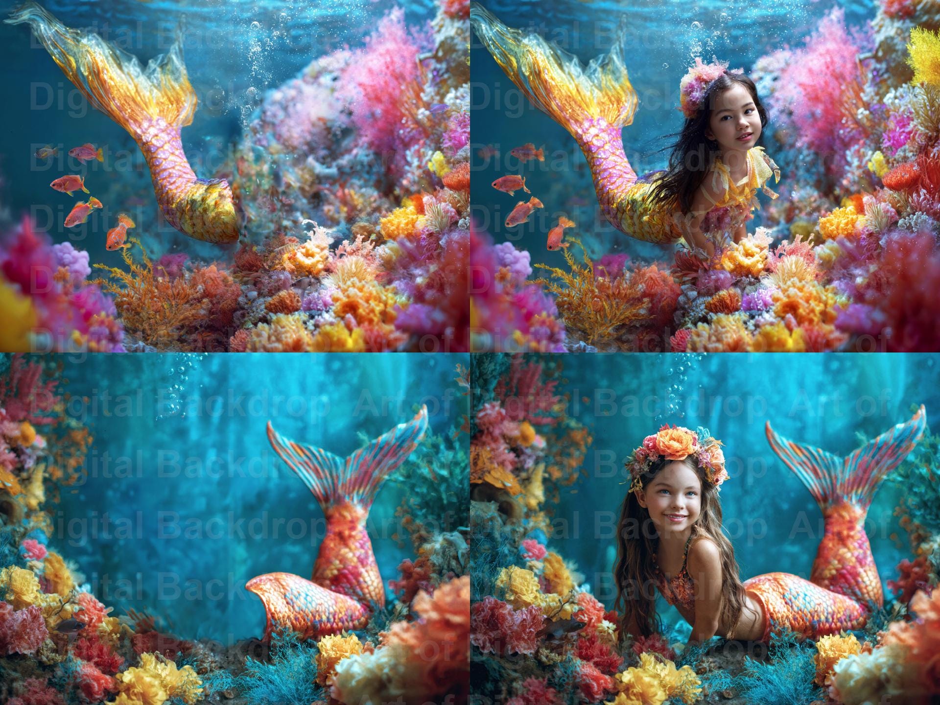Colourful Mermaid Tails Under the Sea Digital Backdrops – Fantasy ...