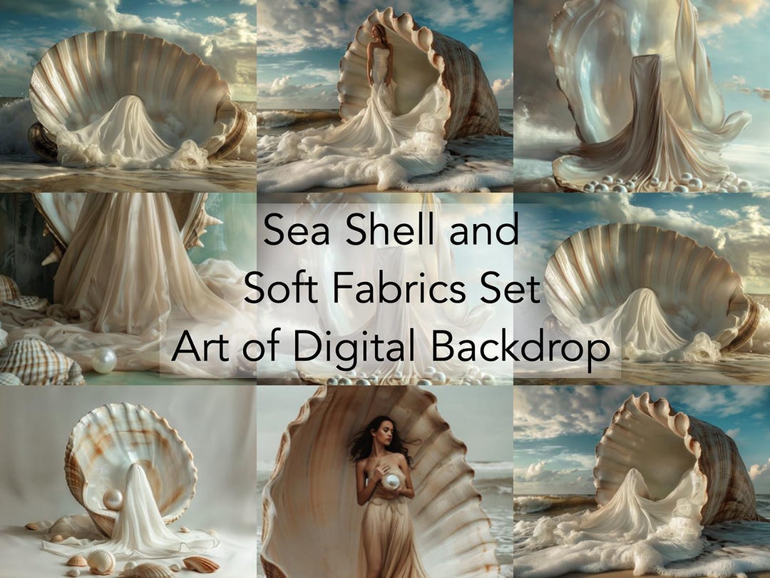 Shell Linen Backdrop Sea Waves Aphrodite Shell & Flowing Beige White Fabric Dress Digital ...