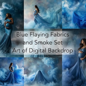 Blue Flaying Fabrics and Smoke Digital Backdrops - Art Photo Maternity Portrait Digital Overlays Backdrops Instant Download PNG