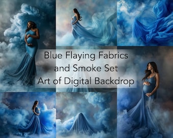 Blue Smoke & Flowing Fabric Dress Digital Backdrops – Maternity Portrait Photo Art