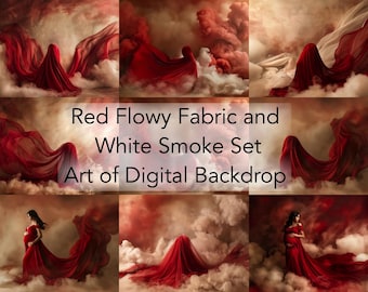 Red Flowy Fabric and White Smoke Digital Backdrops, Red Fabric Backdrop, Maternity Backdrops, Digital Backgrounds, Fine Art Backdrops